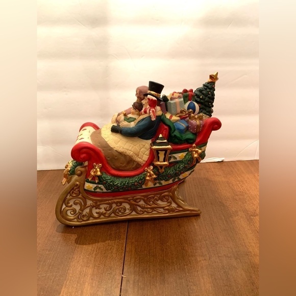 Bisque Ceramic Family in Christmas Sleigh Music Box - Picture 1 of 5